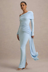 Skew Collar Solid Jersey Long Sleeve Maxi Dress
