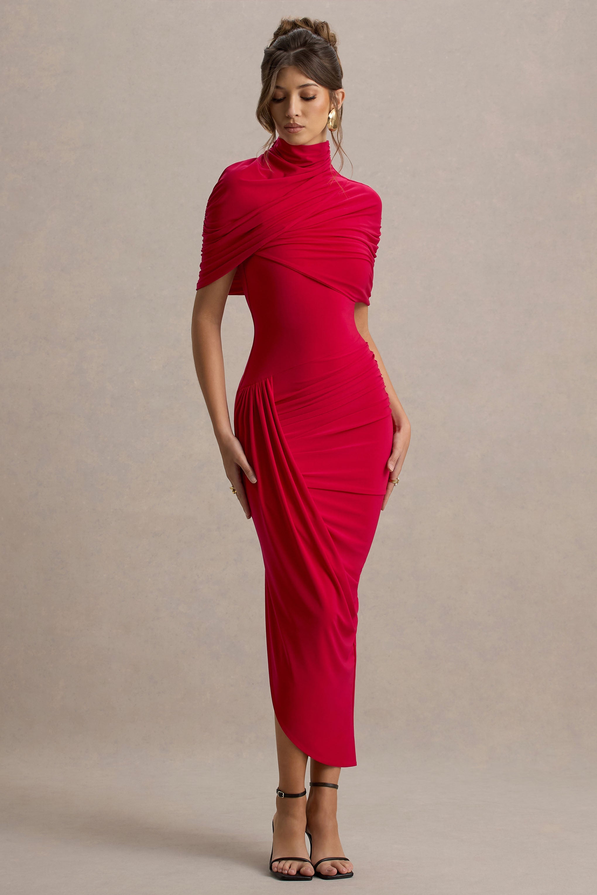 Asymmetric Twisted Cape Midi Dress