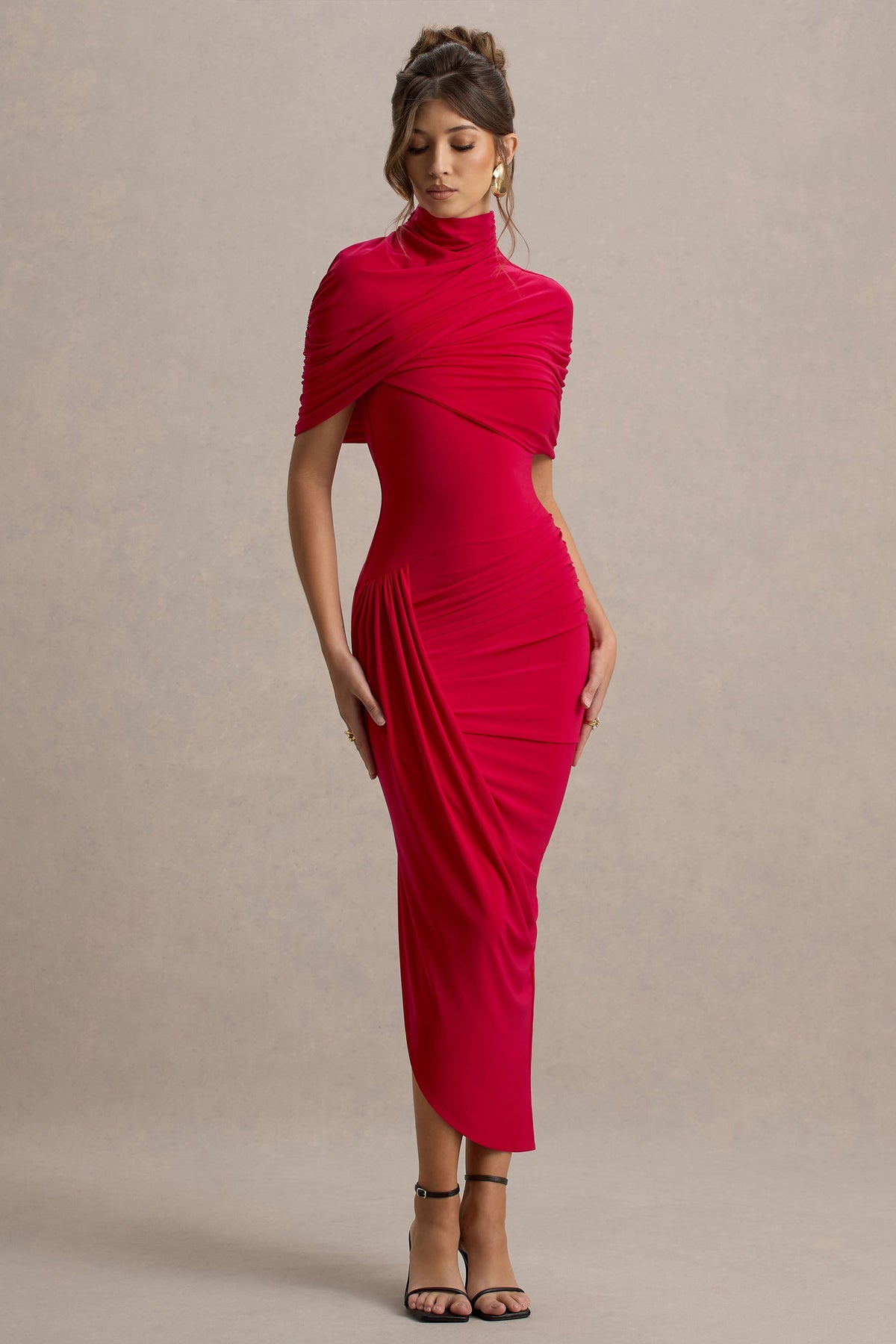 Asymmetric Twisted Cape Midi Dress