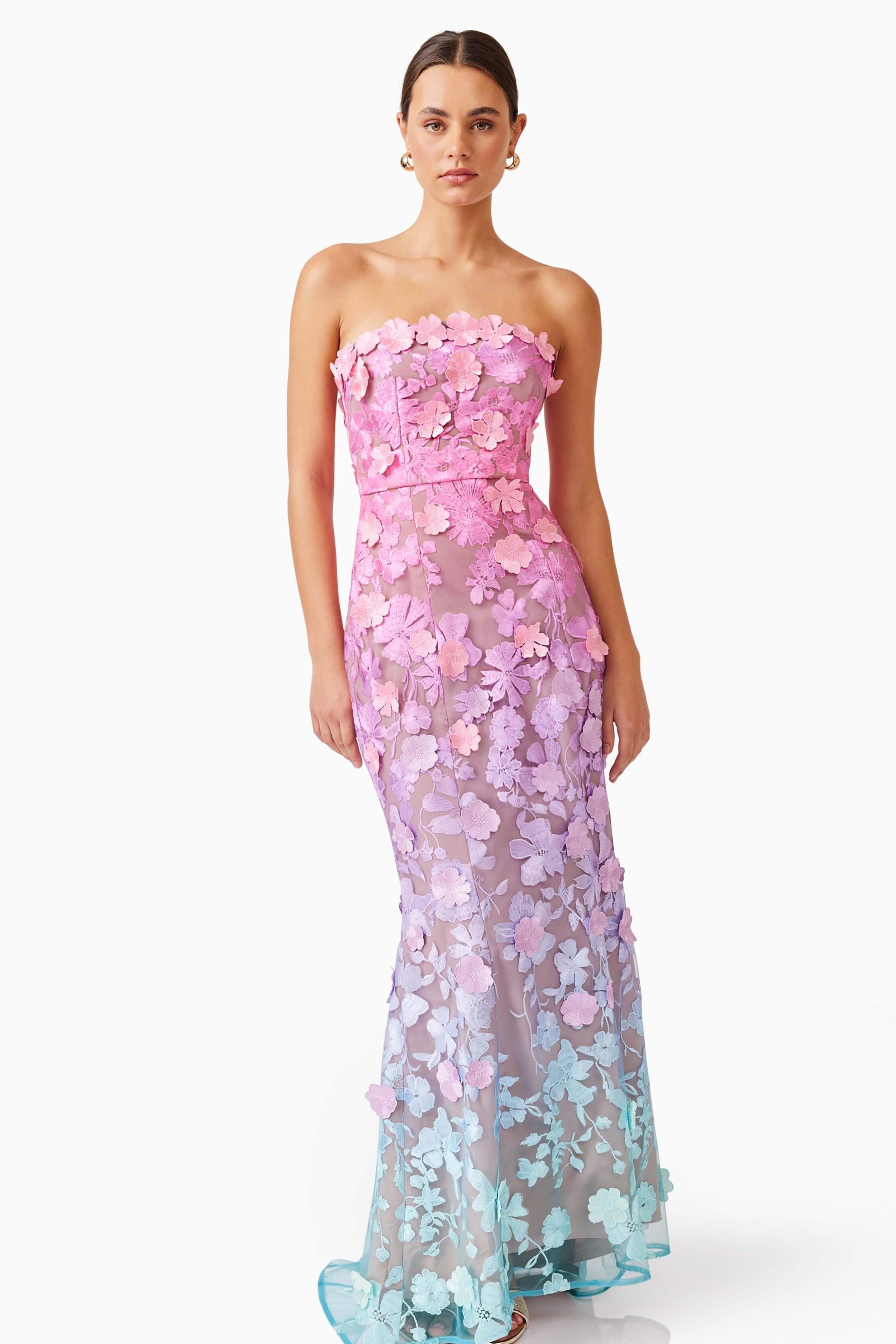 Lace Off-Shoulder Gradient Color Maxi Dress