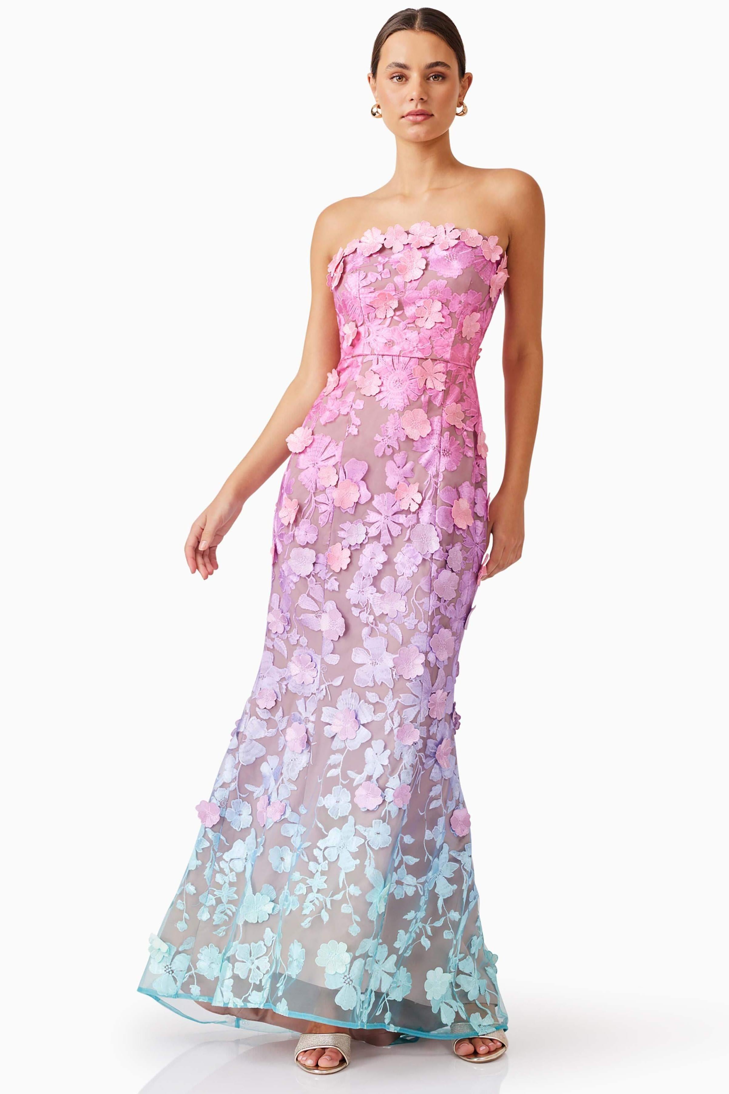 Lace Off-Shoulder Gradient Color Maxi Dress