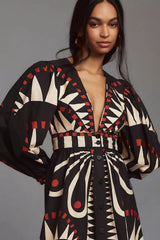 Single Breasted Puff Sleeve V-Neck Midi Dress