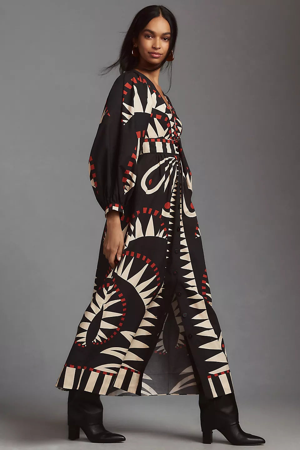 Single Breasted Puff Sleeve V-Neck Midi Dress