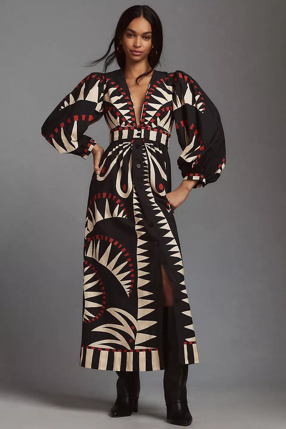 Single Breasted Puff Sleeve V-Neck Midi Dress