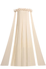 3D Flower Chiffon Off-Shoulder Pleat Maxi Dress