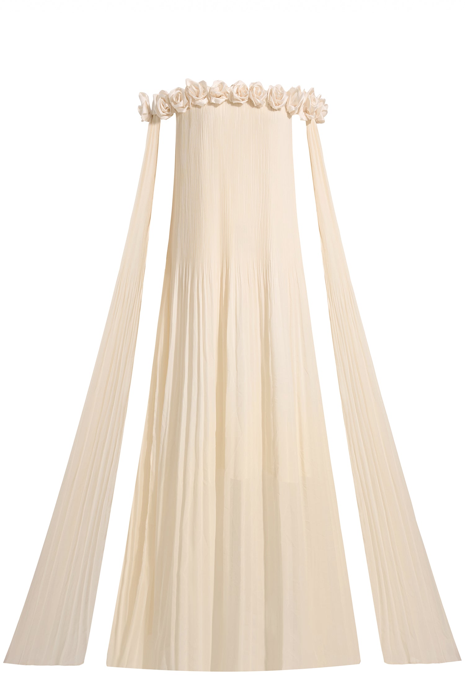3D Flower Chiffon Off-Shoulder Pleat Maxi Dress