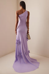 Solid 3D Flower Skew Collar Maxi Dress