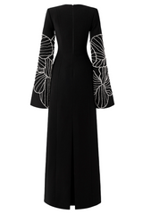 Rivet Round Neck Long Sleeve Slit Maxi Dress