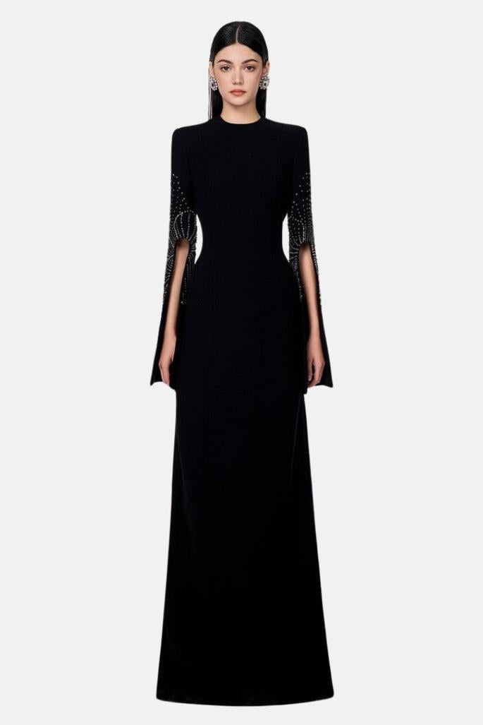 Rivet Round Neck Long Sleeve Slit Maxi Dress