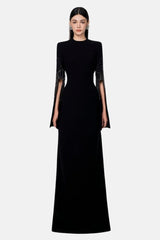 Rivet Round Neck Long Sleeve Slit Maxi Dress