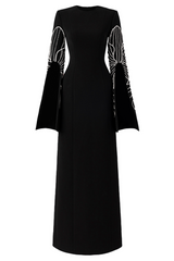 Rivet Round Neck Long Sleeve Slit Maxi Dress