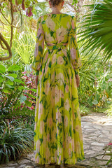 Floral V-Neck Pleated Midi Dress With Belt