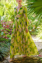 Floral V-Neck Pleated Midi Dress With Belt