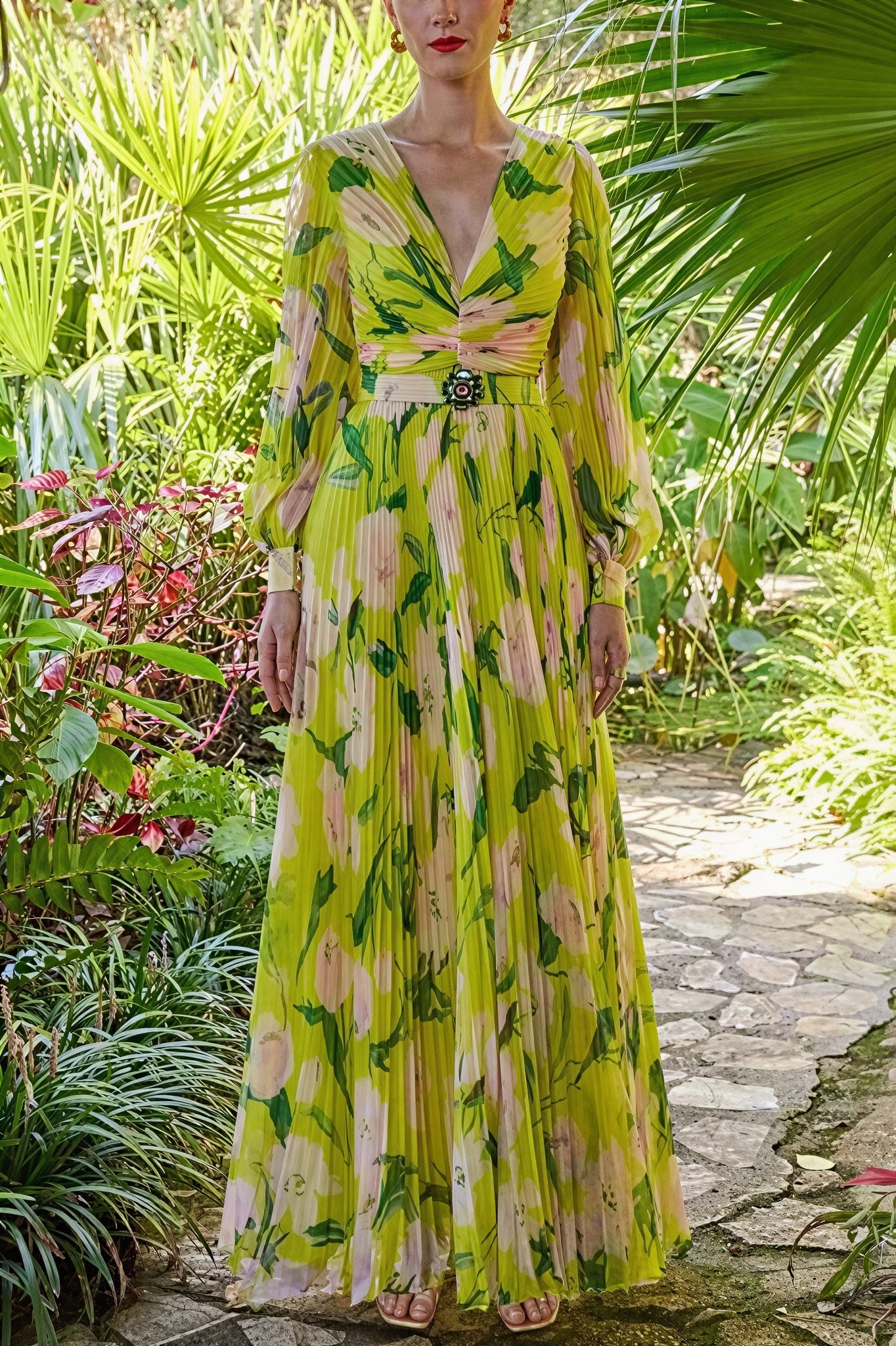 Floral V-Neck Pleated Midi Dress With Belt