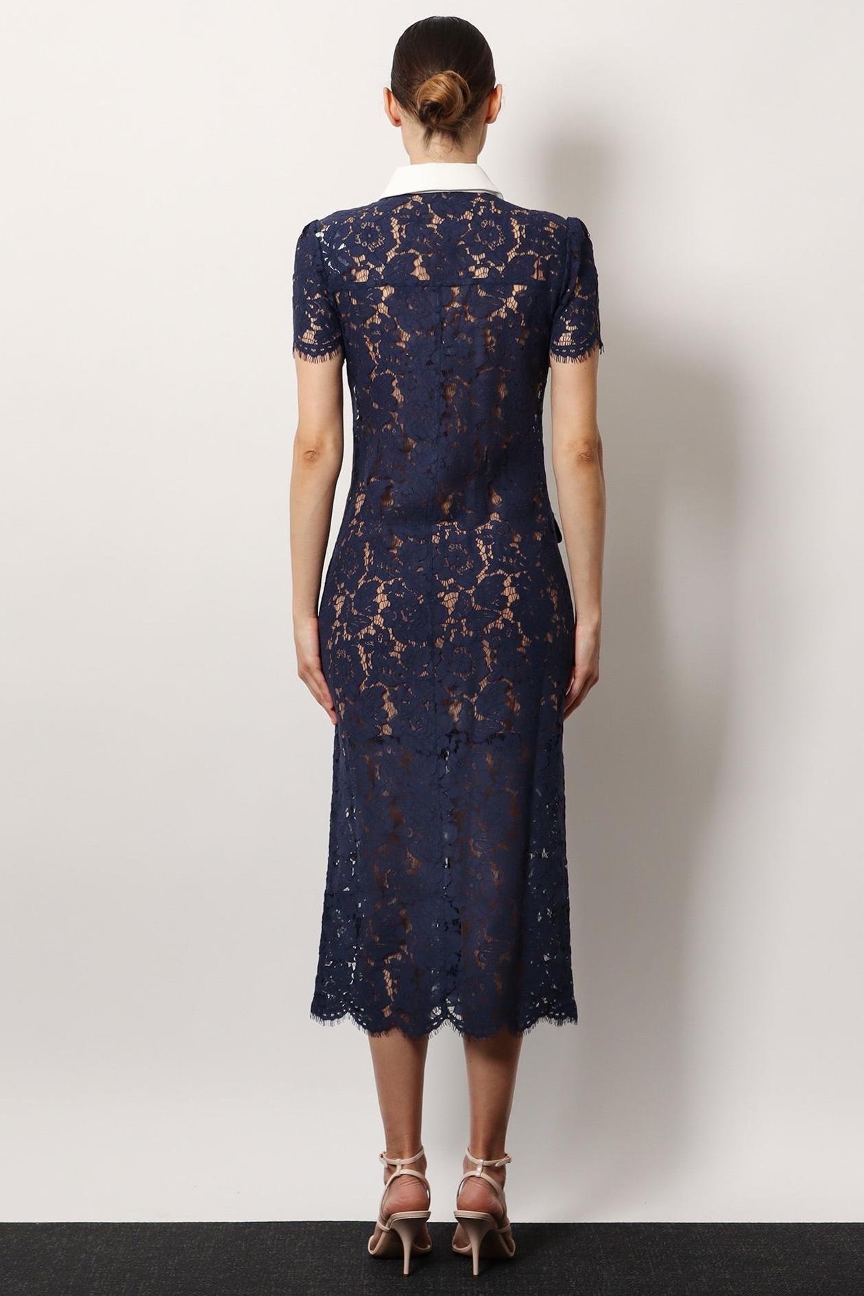 Lace Shirt Collar Single Breasted Midi Dress