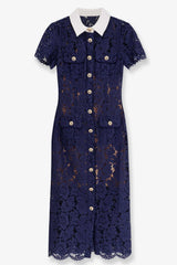 Lace Shirt Collar Single Breasted Midi Dress