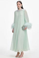 Rivet Feather Splicing Round Neck Midi Dress