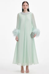 Rivet Feather Splicing Round Neck Midi Dress