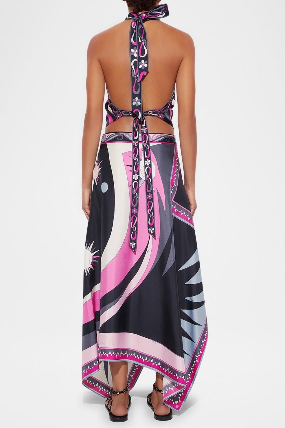 Satin Halter Neck Mini Top & Scarf Print Mid Waist Midi Skirt Set