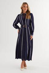 Lace Shirt Collar Midi Dress With Belt