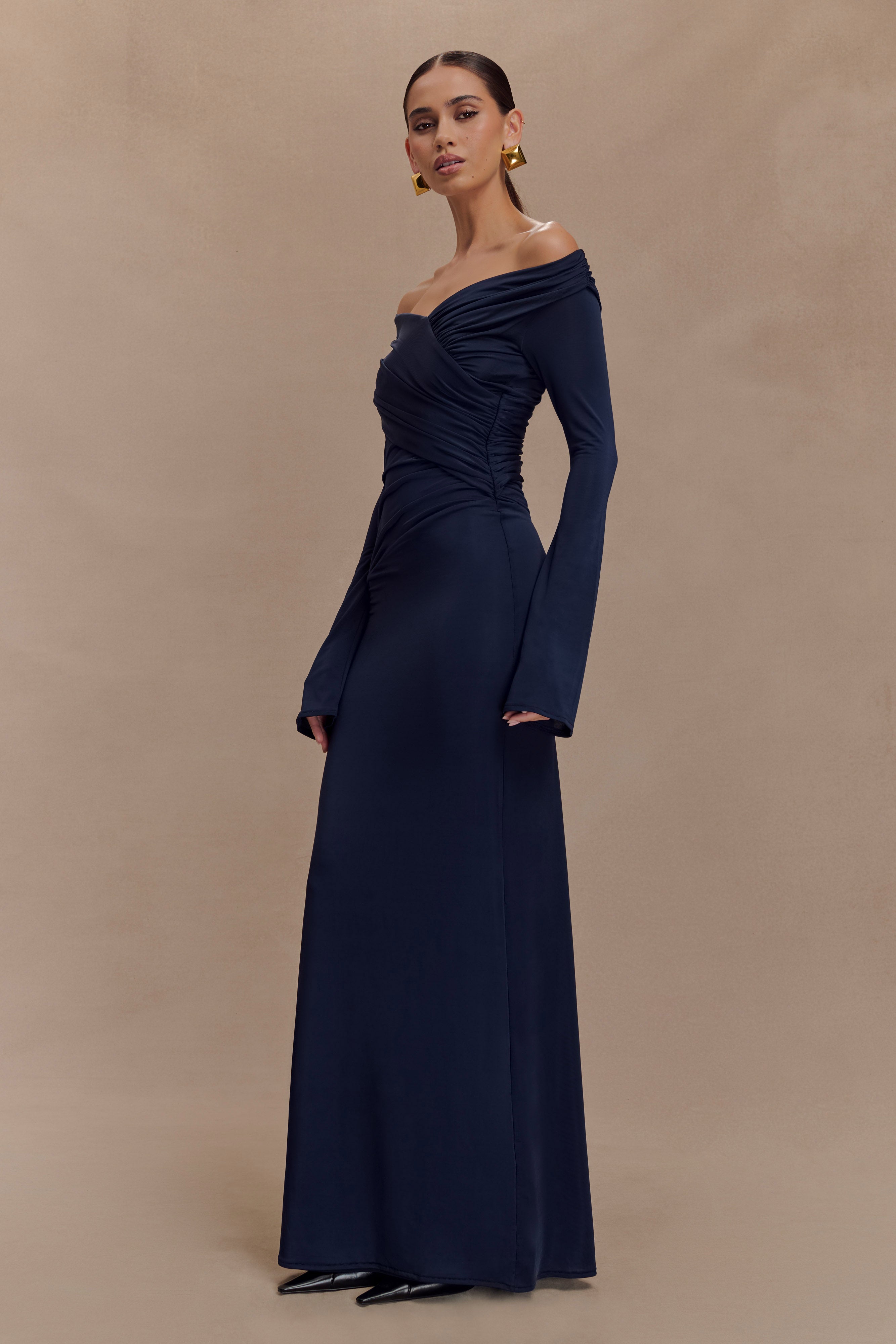 Jersey Gathering Off-Shoulder Maxi Dress