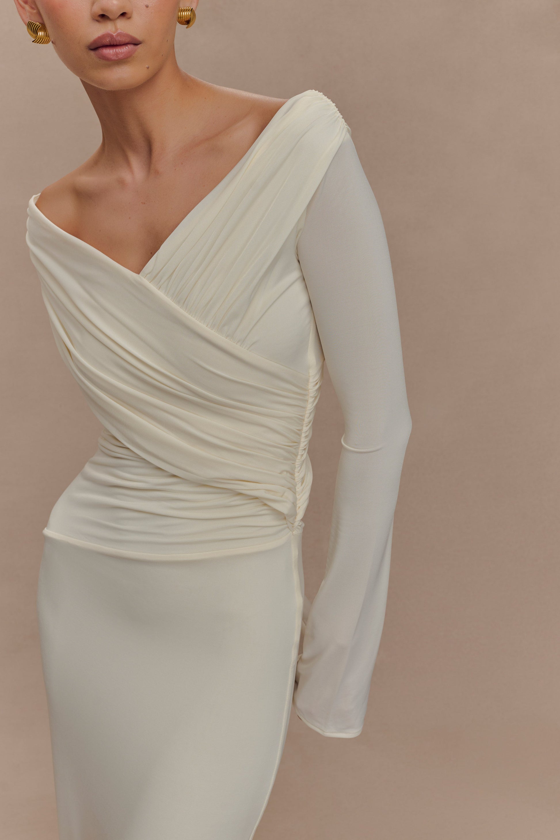 Jersey Gathering Off-Shoulder Maxi Dress