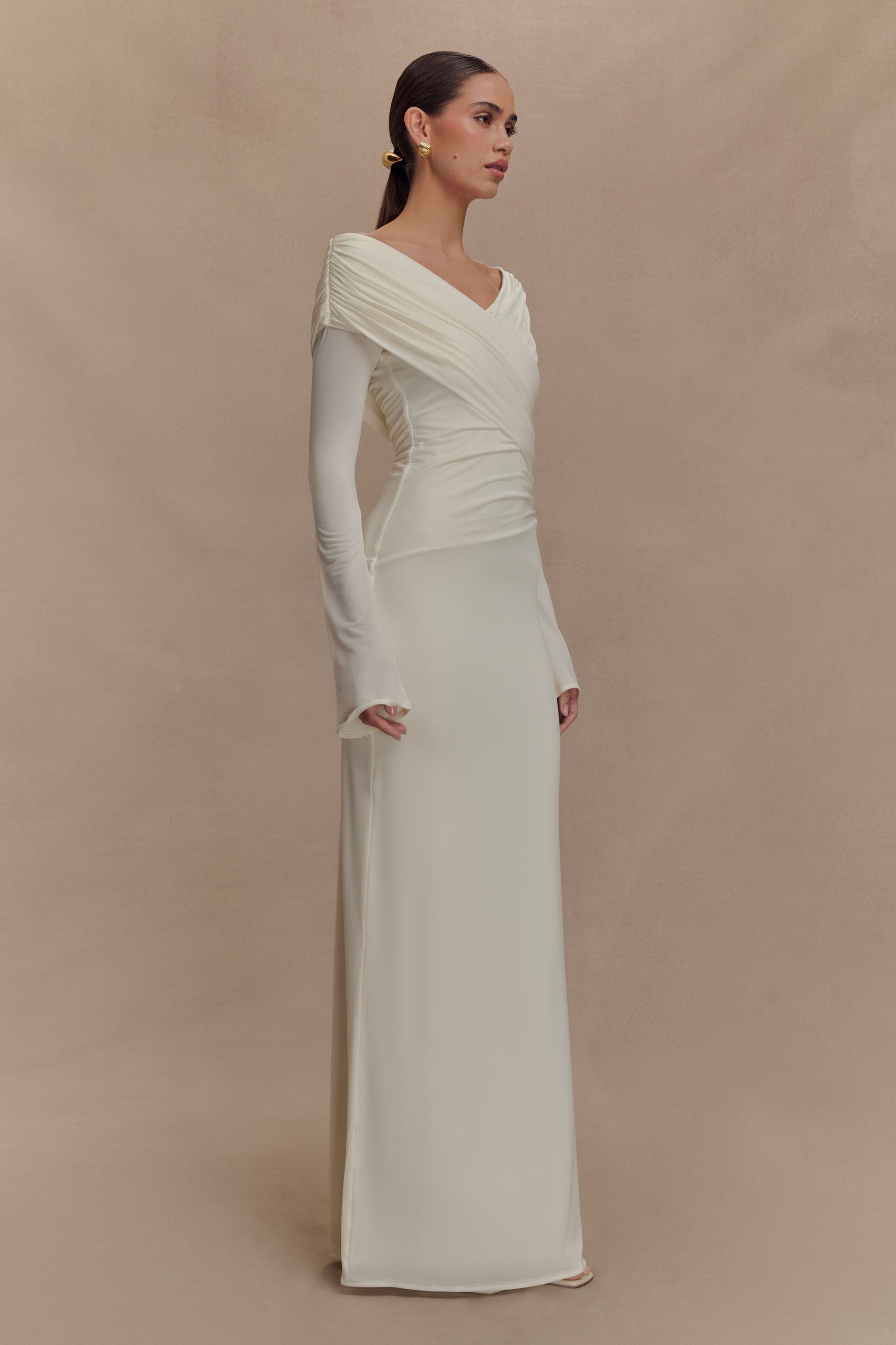Jersey Gathering Off-Shoulder Maxi Dress