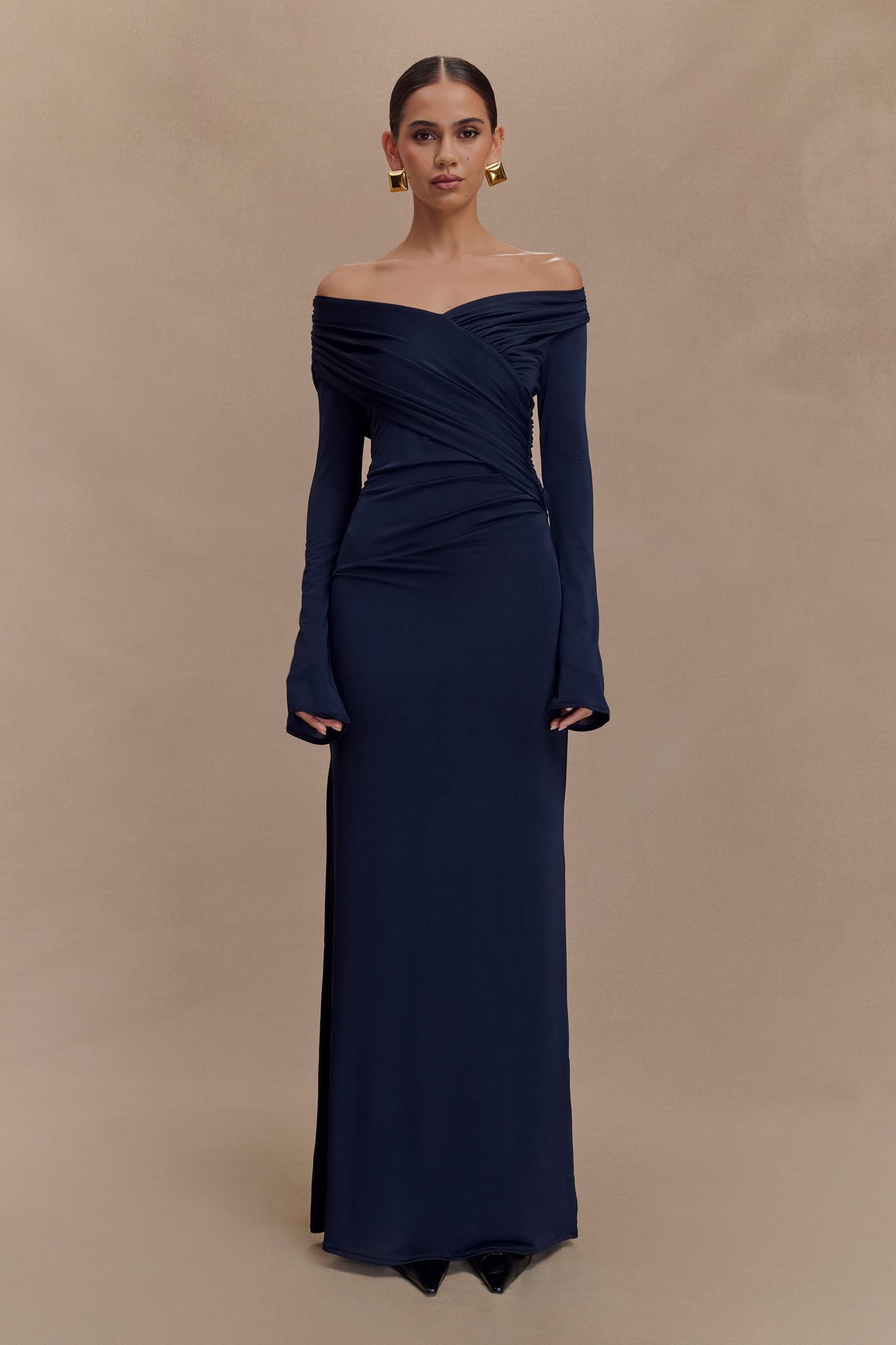 Jersey Gathering Off-Shoulder Maxi Dress