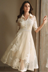 Lace Embroidered Shirt Collar Midi Dress