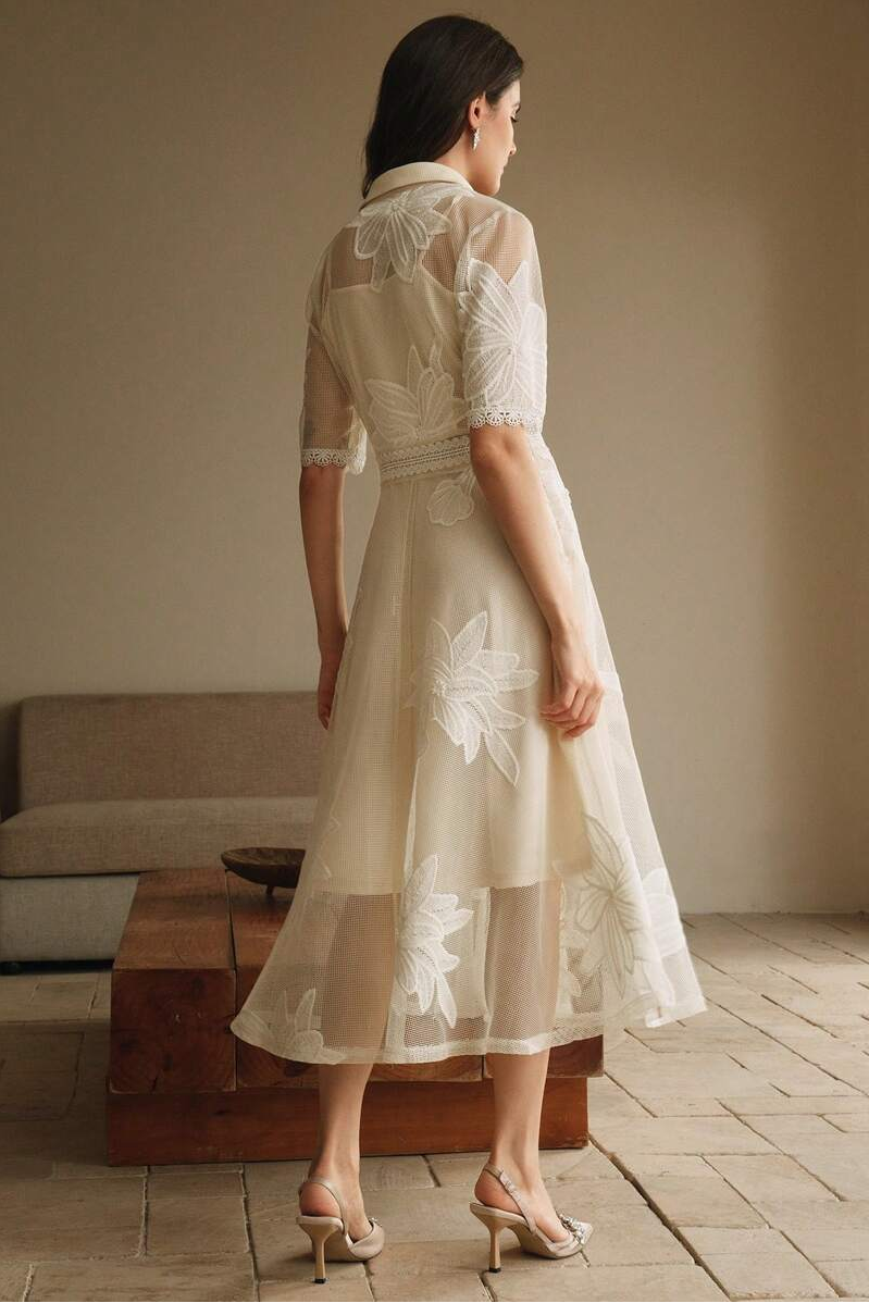 Lace Embroidered Shirt Collar Midi Dress