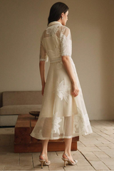 Lace Embroidered Shirt Collar Midi Dress