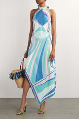 Satin Halter Neck Mini Top & Abstract Print Mid Waist Midi Skirt Set