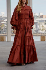 Ruffle Single Breasted Lantern Sleeve Maxi Dress