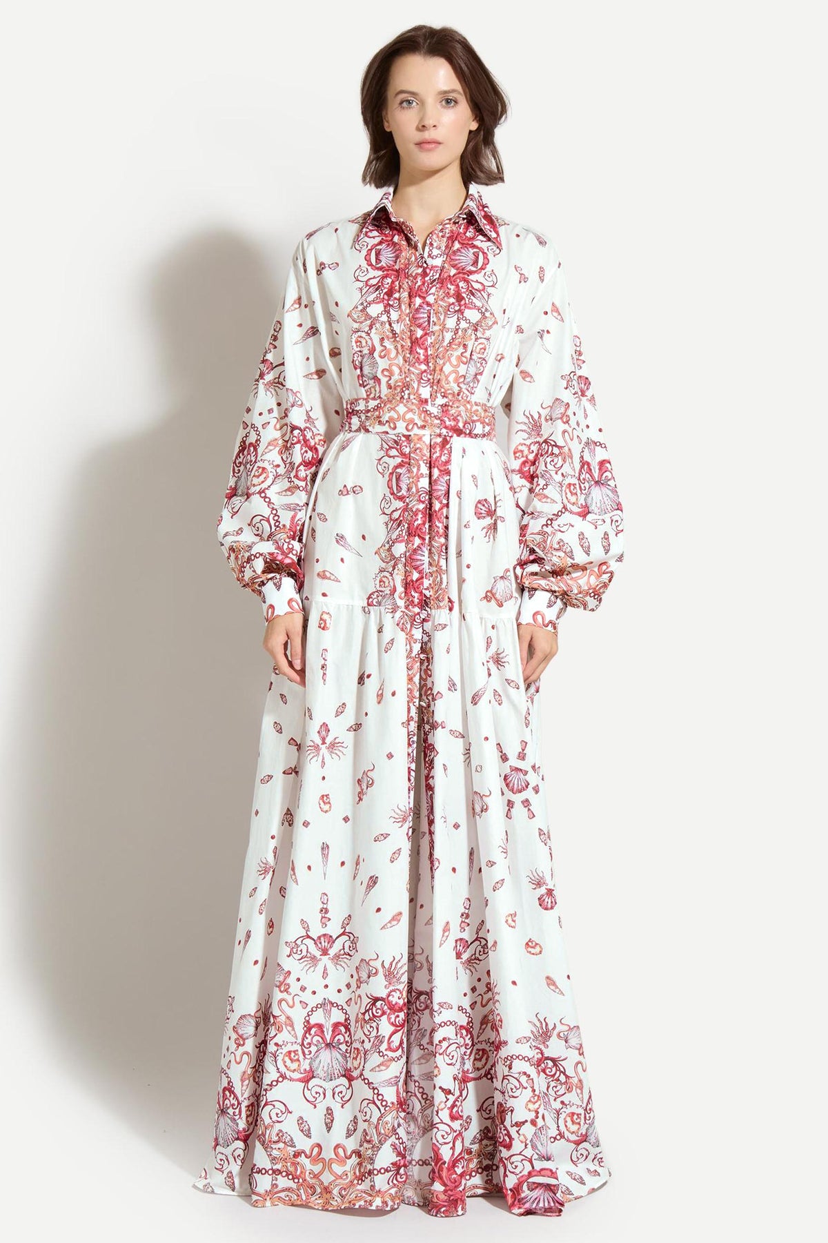 Sea Print Shirt Collar Single Breasted Maxi Dress With Belt