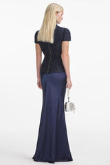 Rivet Stand Collar Top & Satin High Waist Midi Skirt Set
