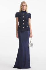 Rivet Stand Collar Top & Satin High Waist Midi Skirt Set