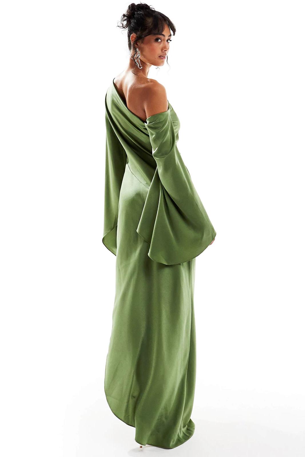 Satin Skew Collar Slit Midi Dress