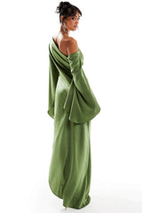 Satin Skew Collar Slit Midi Dress