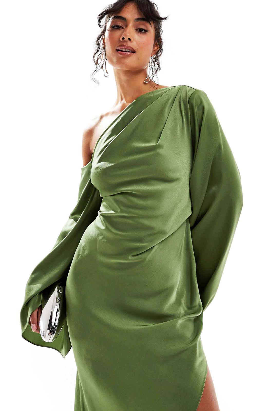 Satin Skew Collar Slit Midi Dress
