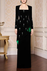 Contrast Color Rhinestone Square Collar Maxi Dress