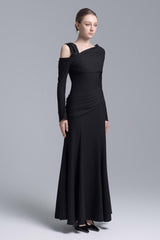 Jersey Asymmetrical Neck Gathering Maxi Dress