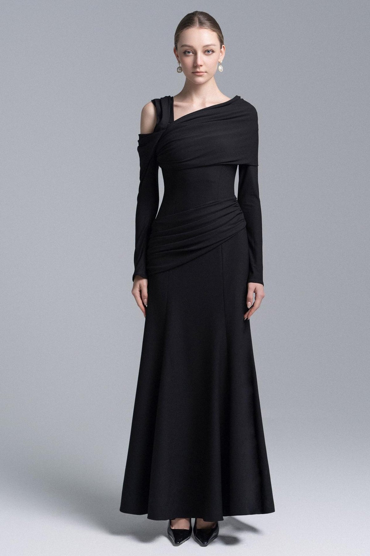 Jersey Asymmetrical Neck Gathering Maxi Dress