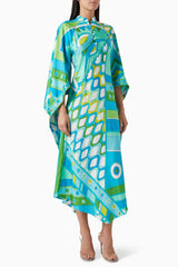 Abstract Print Stand Collar Button Midi Dress