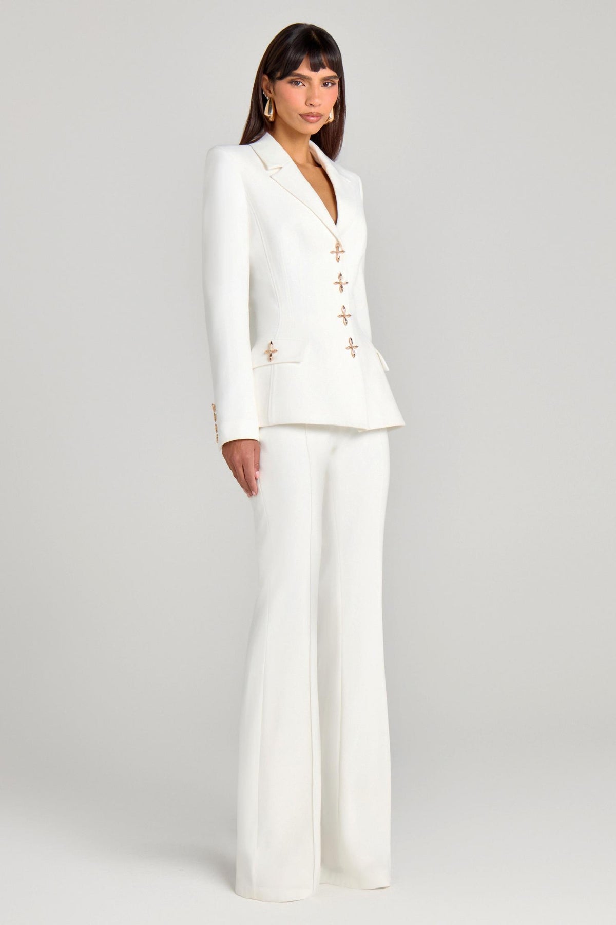 Metal Button Blazer Solid Waistcoat Mid Waist Pants Three Piece Set