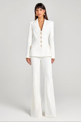 Metal Button Blazer Solid Waistcoat Mid Waist Pants Three Piece Set