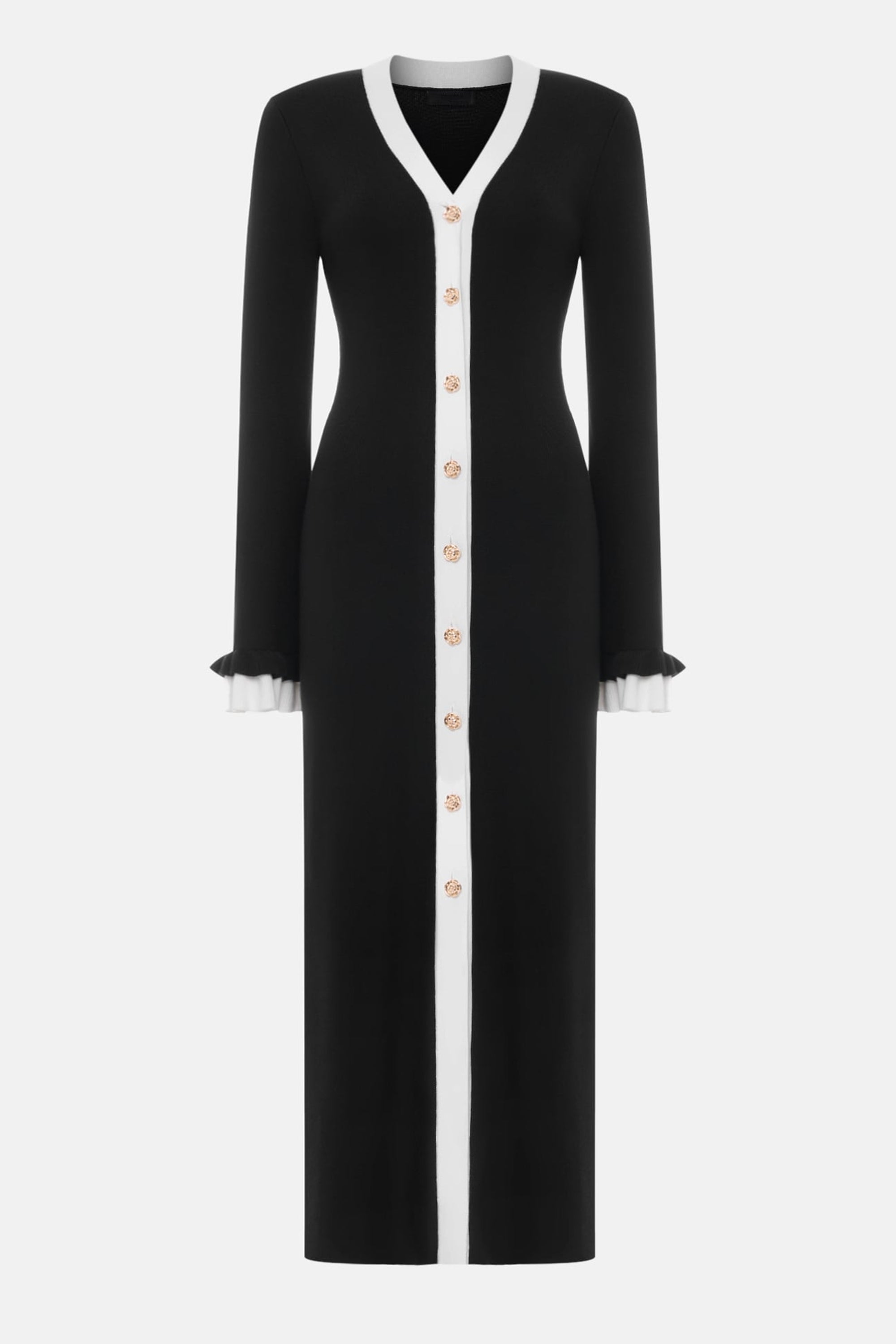 Jersey Contrast Color Metal Button Midi Dress