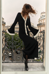 Jersey Contrast Color Metal Button Midi Dress