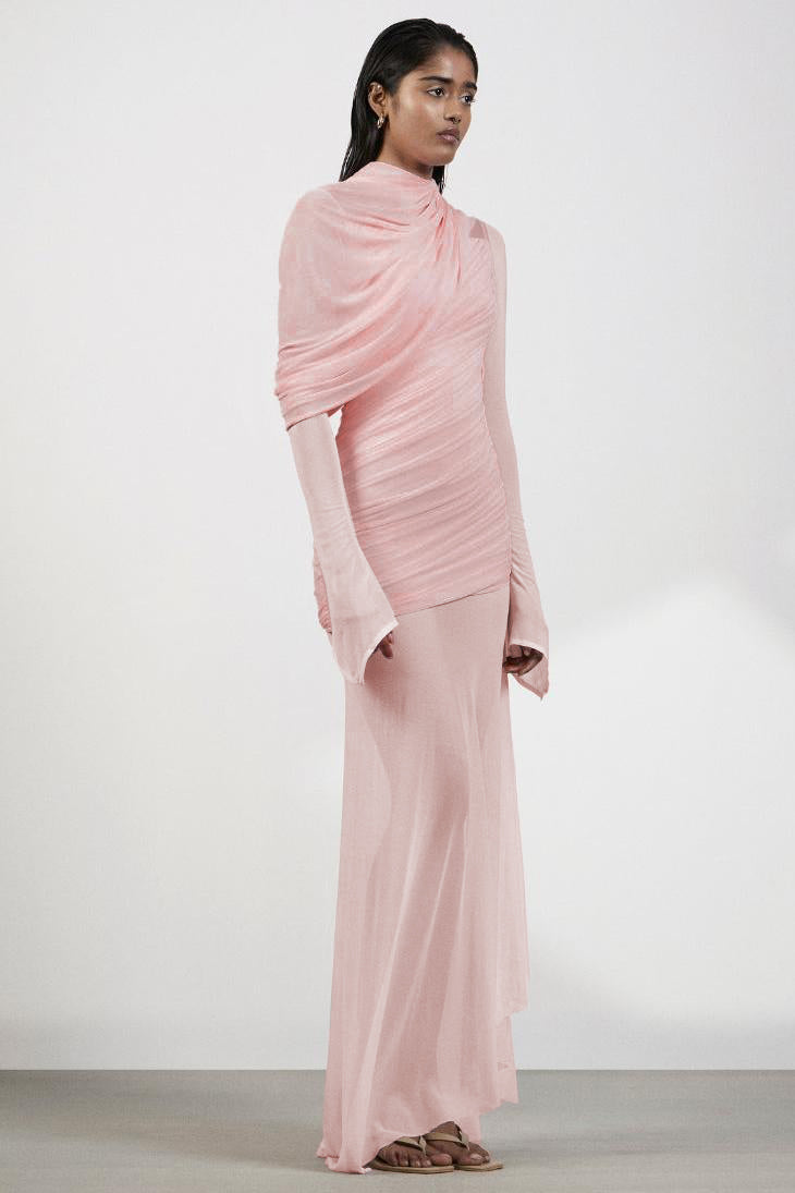 Gathering Asymmetrical Long Sleeve Maxi Dress