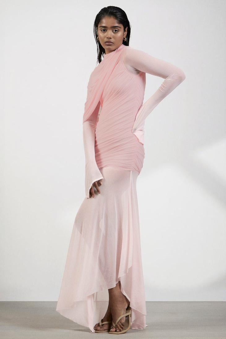 Gathering Asymmetrical Long Sleeve Maxi Dress