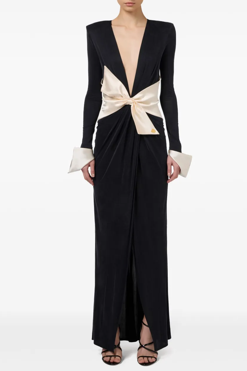 Contrast Color Bow Long Sleeve Maxi Dress